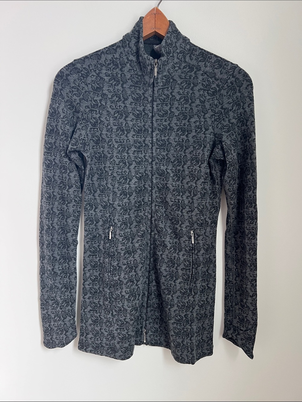 ibex | Women’s Charcoal Patterned Full-Zip Merino Wool Sweater Size S